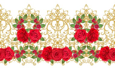 Garland, parlak kırmızı gül buketi parlak pembe çiçekler. Seamless modeli. Altın dokulu bukleler. Oryantal tarzı Arabesk. Parlak dantel. Hassas dokuma Ajur.