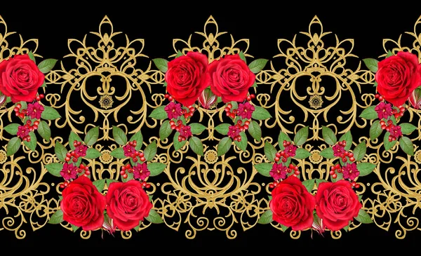 Garland Bouquet Bright Red Roses Bright Pink Flowers Seamless Pattern — Stock Photo, Image