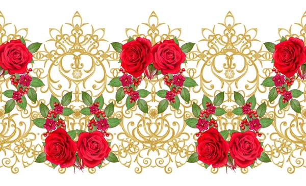 明るい赤いバラの花束ガーランド明るいピンクの花 シームレス パターン 黄金の質感カール オリエンタル スタイル アラベスク 華麗なレースです 繊細な織りの透かし彫り — ストック写真