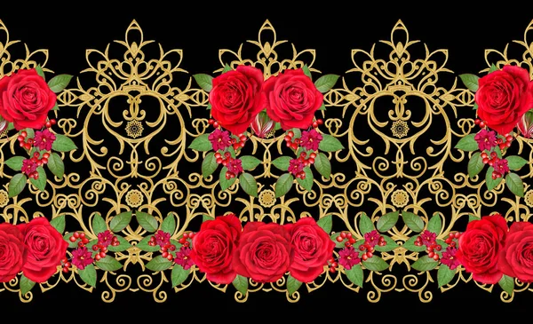 明るい赤いバラの花束ガーランド明るいピンクの花 シームレス パターン 黄金の質感カール オリエンタル スタイル アラベスク 華麗なレースです 繊細な織りの透かし彫り — ストック写真