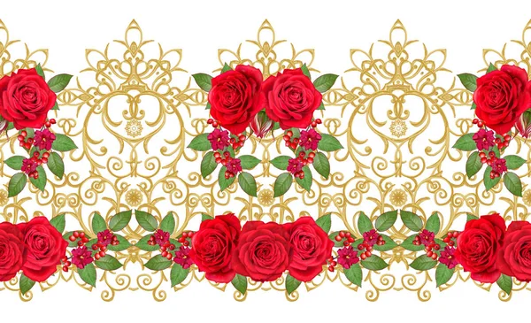 Girland Fényes Vörös Rózsa Csokor Világos Rózsaszín Virágok Varrat Nélküli — Stock Fotó