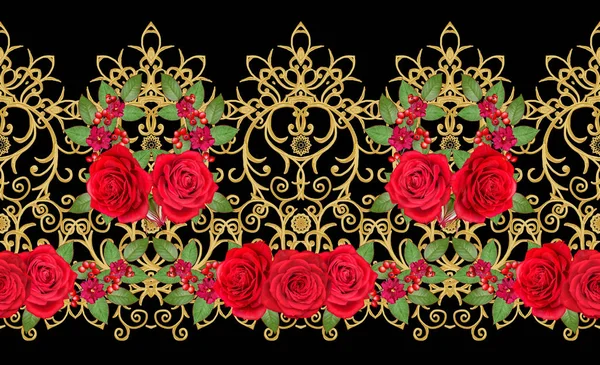 Garland Bouquet Bright Red Roses Bright Pink Flowers Seamless Pattern — Stock Photo, Image