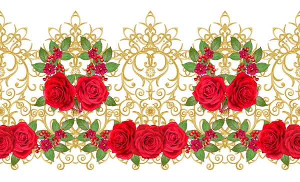 Garland, parlak kırmızı gül buketi parlak pembe çiçekler. Seamless modeli. Altın dokulu bukleler. Oryantal tarzı Arabesk. Parlak dantel. Hassas dokuma Ajur.