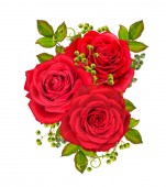 Blumenschmuck. Bouquet, Zusammensetzung aus leuchtend roten Rosen, grünen Blättern, Beeren Zweigen. isoliert auf weißem Hintergrund.