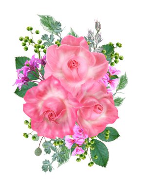 Çiçek arka plan. Buket, kompozisyon çiçekler, ihale pastel pembe Gül, çilek, dalları, yaprakları. Tebrik kartı, davetiye, kartvizit. Beyaz arka plan üzerinde izole.