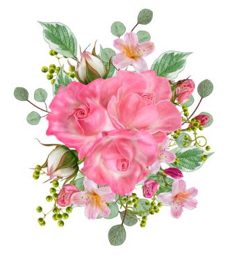 Çiçek arka plan. Buket, kompozisyon çiçekler, ihale pastel pembe Gül, çilek, dalları, yaprakları. Tebrik kartı, davetiye, kartvizit. Beyaz arka plan üzerinde izole.