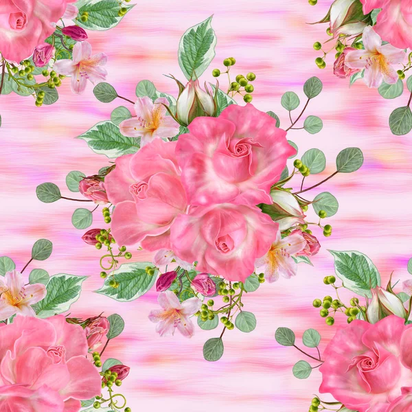Цветочный Бесшовный Рисунок Цветочная Композиция Букет Нежных Красивых Розовых Роз — стоковое фото