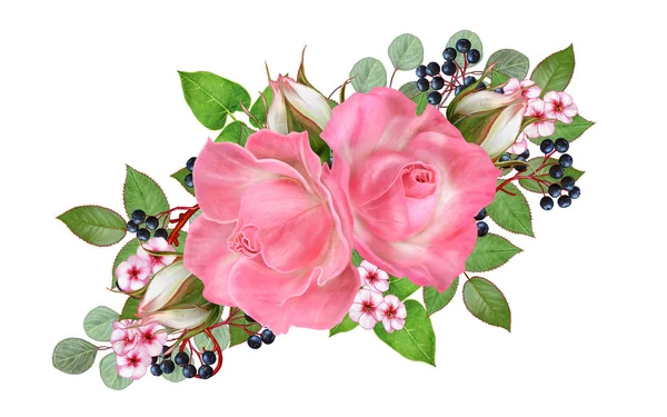 Ramo Composición Flores Rosas Rosadas Pasteles Tiernas Bayas Ramas Hojas —  Fotos de Stock