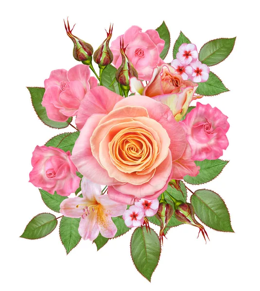 Bouquet Composizione Fiori Teneri Rose Rosa Pastello Bacche Rami Foglie — Foto Stock