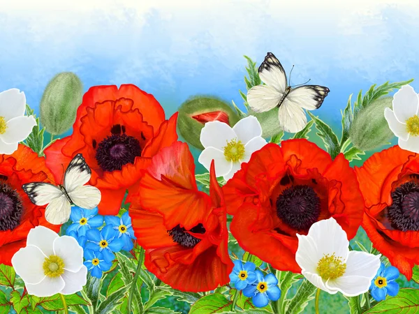 Krawędź Pozioma Bezszwowe Kwiatowy Wzór Czerwone Maki Zielone Liście Kwiaty — Zdjęcie stockowe
