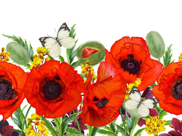 Horizontal Floral Motif Bordure Sans Couture Coquelicots Rouges Feuilles Vertes — Photo