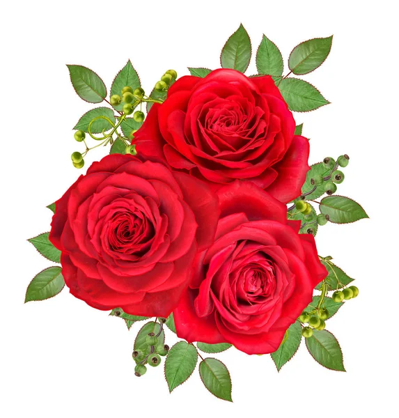 Arranjo Flores Buquê Composição Rosas Vermelhas Brilhantes Folhas Verdes Ramos — Fotografia de Stock