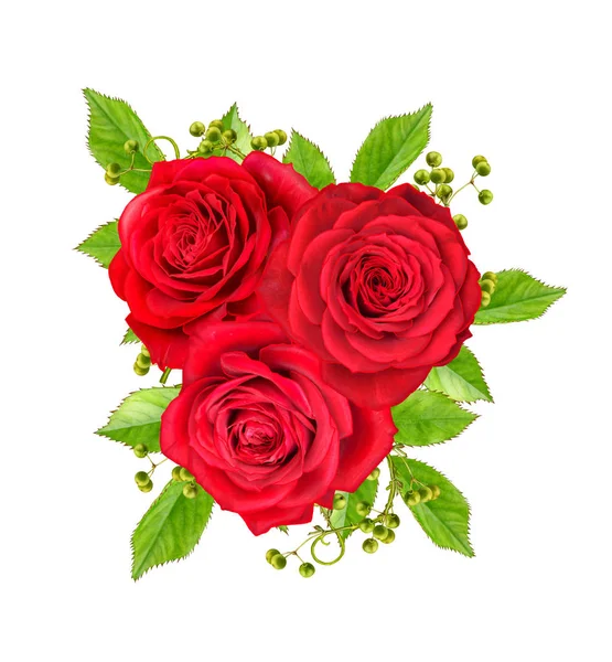 Arranjo Flores Buquê Composição Rosas Vermelhas Brilhantes Folhas Verdes Ramos — Fotografia de Stock