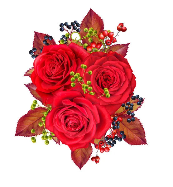 Ανθοδετική Ανθοδέσμη Σύνθεση Φωτεινά Κόκκινα Τριαντάφυλλα Πράσινα Φύλλα Κλαδιά Μούρα — Φωτογραφία Αρχείου