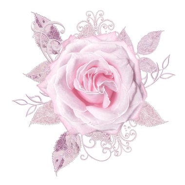 Dekoratif dekorasyon, desenli eleman, hassas dokulu gümüş yaprakları yapılmış güzel dantel ve inci. Mücevherli parlak bukleler, boncuklar, iş parçacığından pastel pembe Gül ahbap. Hassas dokuma Ajur