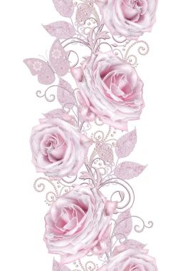 Seamless modeli. Dekoratif dekorasyon, desenli öğesi, hassas dokulu gümüş yaprakları yapılmış ince dantel ve inciler, iplik boncuklar, pastel pembe Gül ahbap. Hassas dokuma Ajur.