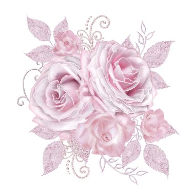 Dekoratif dekorasyon, desenli eleman, hassas dokulu gümüş yaprakları yapılmış güzel dantel ve inci. Mücevherli parlak bukleler, boncuklar, iş parçacığından pastel pembe Gül ahbap. Hassas dokuma Ajur