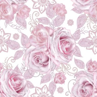 Seamless modeli. Dekoratif dekorasyon, desenli öğesi, hassas dokulu gümüş yaprakları yapılmış ince dantel ve inciler, iplik boncuklar, pastel pembe Gül ahbap. Hassas dokuma Ajur.