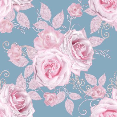 Seamless modeli. Dekoratif dekorasyon, desenli öğesi, hassas dokulu gümüş yaprakları yapılmış ince dantel ve inciler, iplik boncuklar, pastel pembe Gül ahbap. Hassas dokuma Ajur.