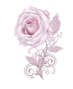 Dekoratif dekorasyon, desenli eleman, hassas dokulu gümüş yaprakları yapılmış güzel dantel ve inci. Mücevherli parlak bukleler, boncuklar, iş parçacığından pastel pembe Gül ahbap. Hassas dokuma Ajur