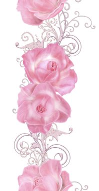 Seamless modeli. Dekoratif dekorasyon, desenli öğesi, hassas dokulu gümüş yaprakları yapılmış ince dantel ve inciler, iplik boncuklar, pastel pembe Gül ahbap. Hassas dokuma Ajur.