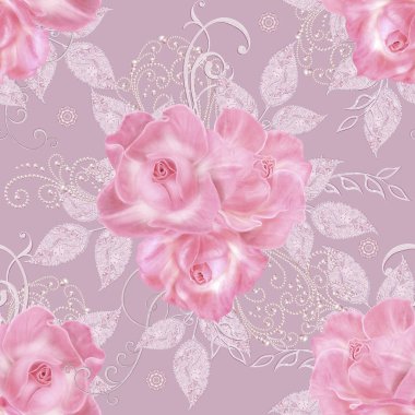Seamless modeli. Dekoratif dekorasyon, desenli öğesi, hassas dokulu gümüş yaprakları yapılmış ince dantel ve inciler, iplik boncuklar, pastel pembe Gül ahbap. Hassas dokuma Ajur.