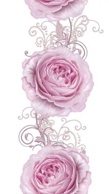 Seamless modeli. Pastel pembe Gül, kelebek dekoratif dekorasyon, desenli öğesi, hassas dokulu gümüş yaprakları yapılmış ince dantel ve inciler, iplik boncuklar, ahbap. Hassas dokuma Ajur.
