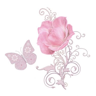 Dekoratif dekorasyon, desenli eleman, hassas dokulu gümüş yaprakları yapılmış güzel dantel ve inci. Mücevherli parlak bukleler, boncuklar, iş parçacığından pastel pembe Gül ahbap. Ajur dokuma hassas, kelebek