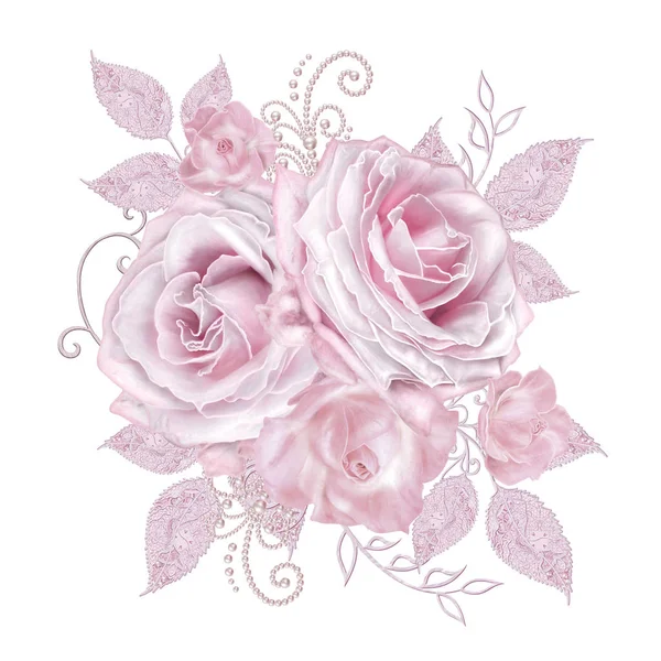 Dekoratif dekorasyon, desenli eleman, hassas dokulu gümüş yaprakları yapılmış güzel dantel ve inci. Mücevherli parlak bukleler, boncuklar, iş parçacığından pastel pembe Gül ahbap. Hassas dokuma Ajur