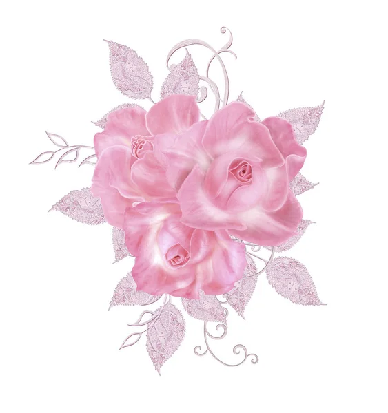 装饰装饰 佩斯利元素 精致的纹理银叶制成的细花边和珍珠 宝石闪亮的卷发 从珠子线 芽粉彩粉红色的玫瑰 镂空织造精致 — 图库照片