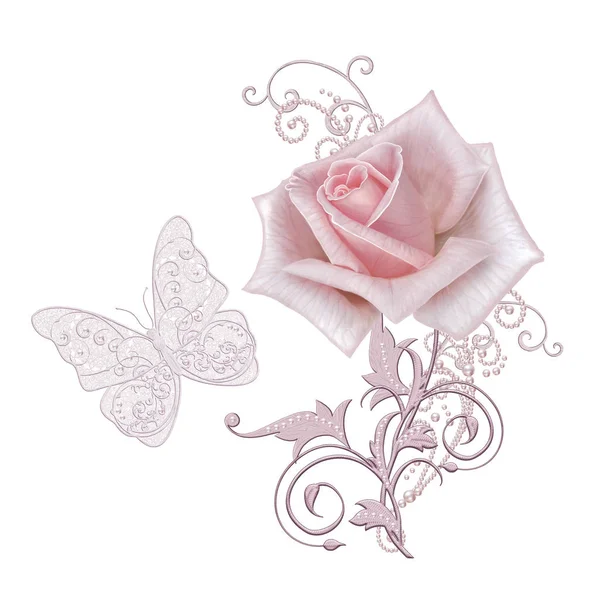 Dekoratif dekorasyon, desenli eleman, hassas dokulu gümüş yaprakları yapılmış güzel dantel ve inci. Mücevherli parlak bukleler, boncuklar, iş parçacığından pastel pembe Gül ahbap. Ajur dokuma hassas, kelebek