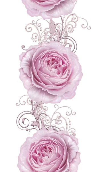 Seamless modeli. Pastel pembe Gül, kelebek dekoratif dekorasyon, desenli öğesi, hassas dokulu gümüş yaprakları yapılmış ince dantel ve inciler, iplik boncuklar, ahbap. Hassas dokuma Ajur.