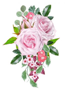 Çiçek arka plan. Buket, kompozisyon çiçekler, ihale pastel pembe Gül, çilek, dalları, yaprakları. Tebrik kartı, davetiye, kartvizit. Beyaz arka plan üzerinde izole.