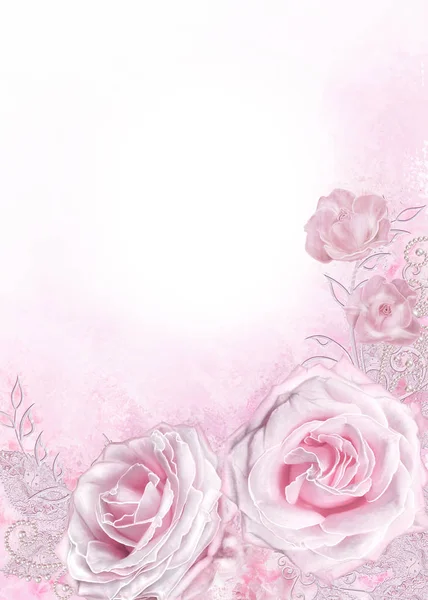 Vintage Inbjudningskort Rosa Ton Fina Rosor Paisley Element Pearl Spets — Stockfoto