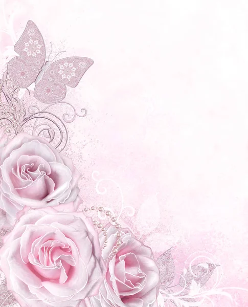 葡萄酒邀请卡粉红色色调 精致的玫瑰 佩斯利元素 珍珠花边卷发 装饰装饰 — 图库照片