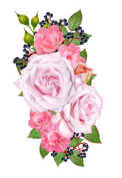 Bouquet Composizione Fiori Teneri Rose Rosa Pastello Bacche Rami Foglie — Foto Stock