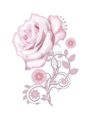 Dekoratif dekorasyon, desenli eleman, hassas dokulu gümüş yaprakları yapılmış güzel dantel ve inci. Mücevherli parlak bukleler, boncuklar, iş parçacığından pastel pembe Gül ahbap. Hassas dokuma Ajur