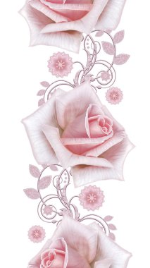 Seamless modeli. Dekoratif dekorasyon, desenli öğesi, hassas dokulu gümüş yaprakları yapılmış ince dantel ve inciler, iplik boncuklar, pastel pembe Gül ahbap. Hassas dokuma Ajur.