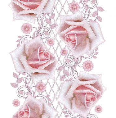 Seamless modeli. Dekoratif dekorasyon, desenli öğesi, hassas dokulu gümüş yaprakları yapılmış ince dantel ve inciler, iplik boncuklar, pastel pembe Gül ahbap. Hassas dokuma Ajur.