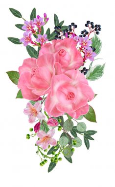 Çiçek arka plan. Buket, kompozisyon çiçekler, ihale pastel pembe Gül, çilek, dalları, yaprakları. Tebrik kartı, davetiye, kartvizit. Beyaz arka plan üzerinde izole.