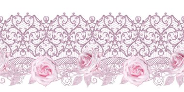 Seamless modeli. Dekoratif dekorasyon, desenli öğesi, hassas dokulu gümüş yaprakları yapılmış ince dantel ve inciler, iplik boncuklar, pastel pembe Gül ahbap. Hassas dokuma Ajur.