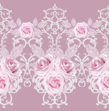Seamless modeli. Dekoratif dekorasyon, desenli öğesi, hassas dokulu gümüş yaprakları yapılmış ince dantel ve inciler, iplik boncuklar, pastel pembe Gül ahbap. Hassas dokuma Ajur.