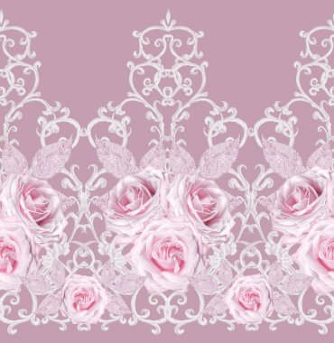 Seamless modeli. Dekoratif dekorasyon, desenli öğesi, hassas dokulu gümüş yaprakları yapılmış ince dantel ve inciler, iplik boncuklar, pastel pembe Gül ahbap. Hassas dokuma Ajur.
