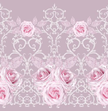 Seamless modeli. Dekoratif dekorasyon, desenli öğesi, hassas dokulu gümüş yaprakları yapılmış ince dantel ve inciler, iplik boncuklar, pastel pembe Gül ahbap. Hassas dokuma Ajur.