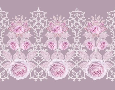 Seamless modeli. Dekoratif dekorasyon, desenli öğesi, hassas dokulu gümüş yaprakları yapılmış ince dantel ve inciler, iplik boncuklar, pastel pembe Gül ahbap. Hassas dokuma Ajur.