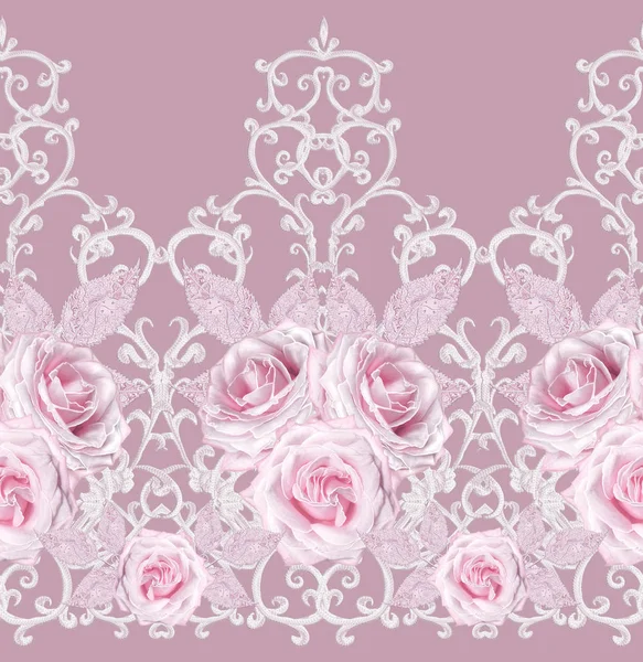 无缝模式 装饰装饰 佩斯利元素 精致的质感银叶制成的薄花边和珍珠 螺纹的珠子 芽粉彩粉红色的玫瑰 镂空织造精致 — 图库照片