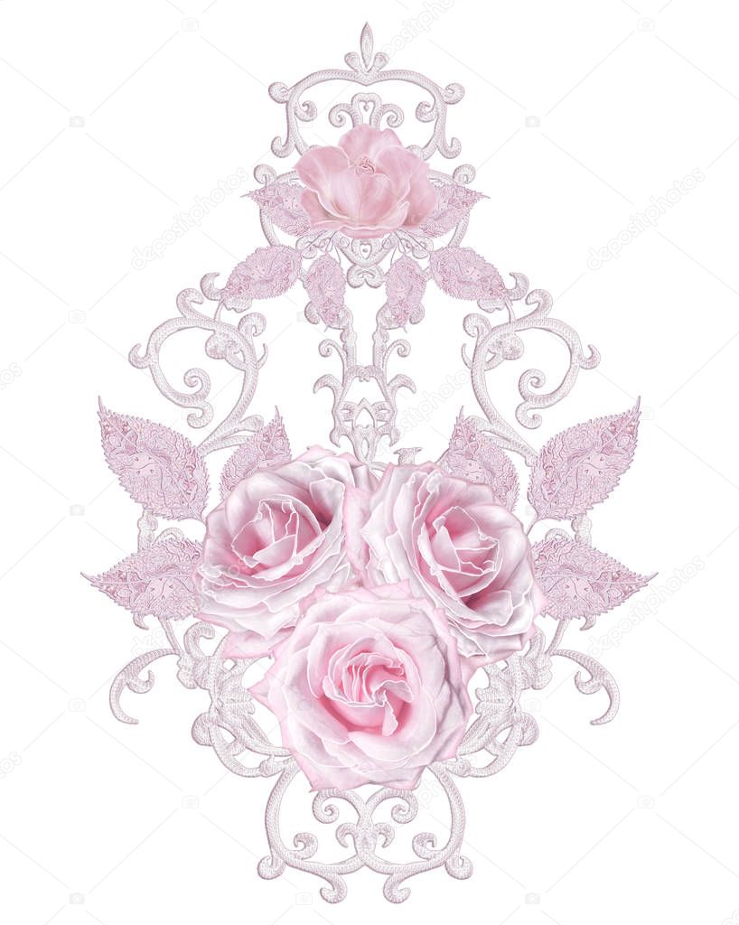 Decorative decoration, paisley element, delicate textured silver leaves made of fine lace and pearls. Jeweled shiny curls, thread from beads, bud pastel pink rose. Openwork weaving delicate