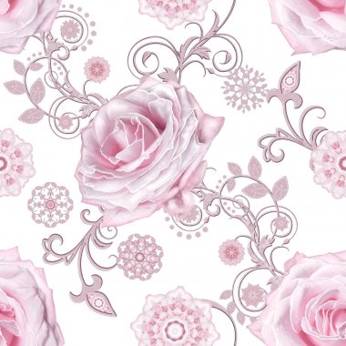 Seamless modeli. Dekoratif dekorasyon, desenli öğesi, hassas dokulu gümüş yaprakları yapılmış ince dantel ve inciler, iplik boncuklar, pastel pembe Gül ahbap. Hassas dokuma Ajur.