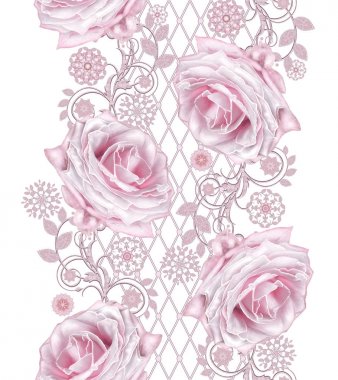 Seamless modeli. Dekoratif dekorasyon, desenli öğesi, hassas dokulu gümüş yaprakları yapılmış ince dantel ve inciler, iplik boncuklar, pastel pembe Gül ahbap. Hassas dokuma Ajur.