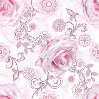 Seamless modeli. Dekoratif dekorasyon, desenli öğesi, hassas dokulu gümüş yaprakları yapılmış ince dantel ve inciler, iplik boncuklar, pastel pembe Gül ahbap. Hassas dokuma Ajur.
